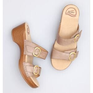 Dansko Womens Taupe Double-Buckle Slide Sandals